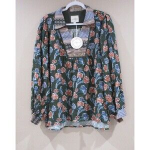 NWT UMGEE Blouse Women 2X Green Floral Boho Long Sleeve V Neck MSRP 64.00